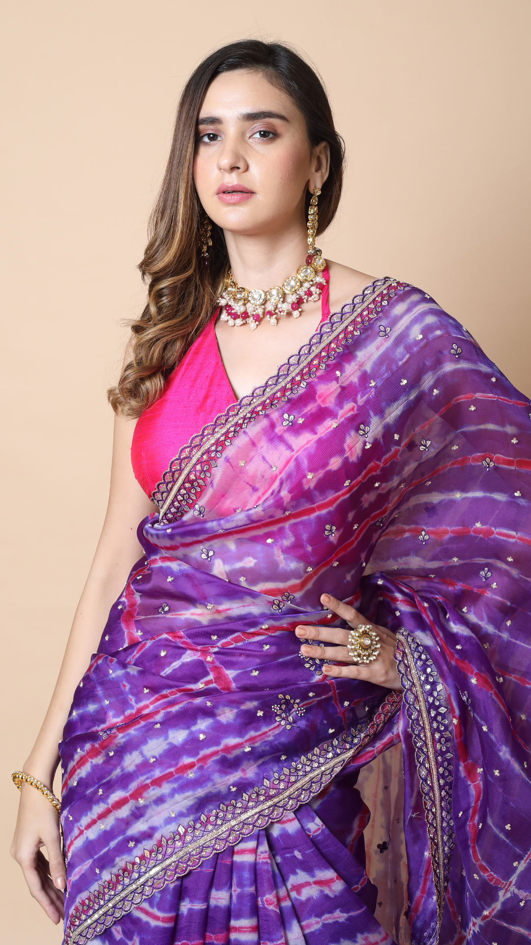 Leheriya Edit Fuchsia Pink and Indigo Tie-Dye Saree with Gota-Patti Detailing