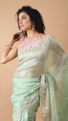 Inaya Foam Green Organza Floral Border Saree