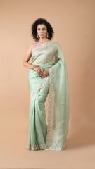 Inaya Foam Green Organza Floral Border Saree