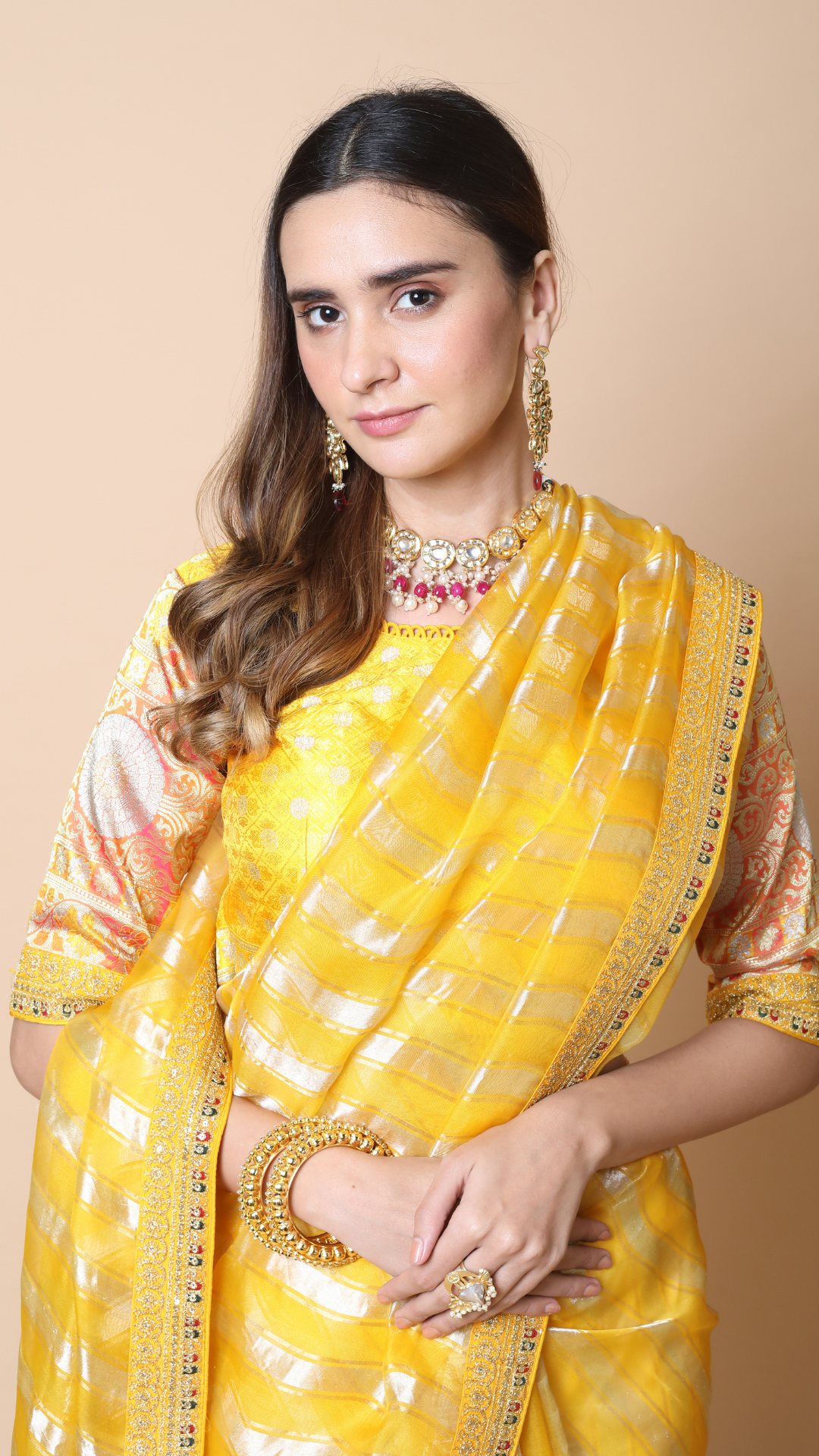 Aisha Freesia Yellow Stripe Organza Saree with Intricate Embroidered Border