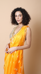 Leheriya Edit Apricot Yellow Tie and Dye Saree with Subtle Mirror Border