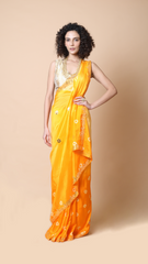Leheriya Edit Apricot Yellow Tie and Dye Saree with Subtle Mirror Border