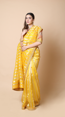 Aisha Freesia Yellow Stripe Organza Saree with Intricate Embroidered Border