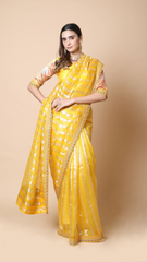 Aisha Freesia Yellow Stripe Organza Saree with Intricate Embroidered Border