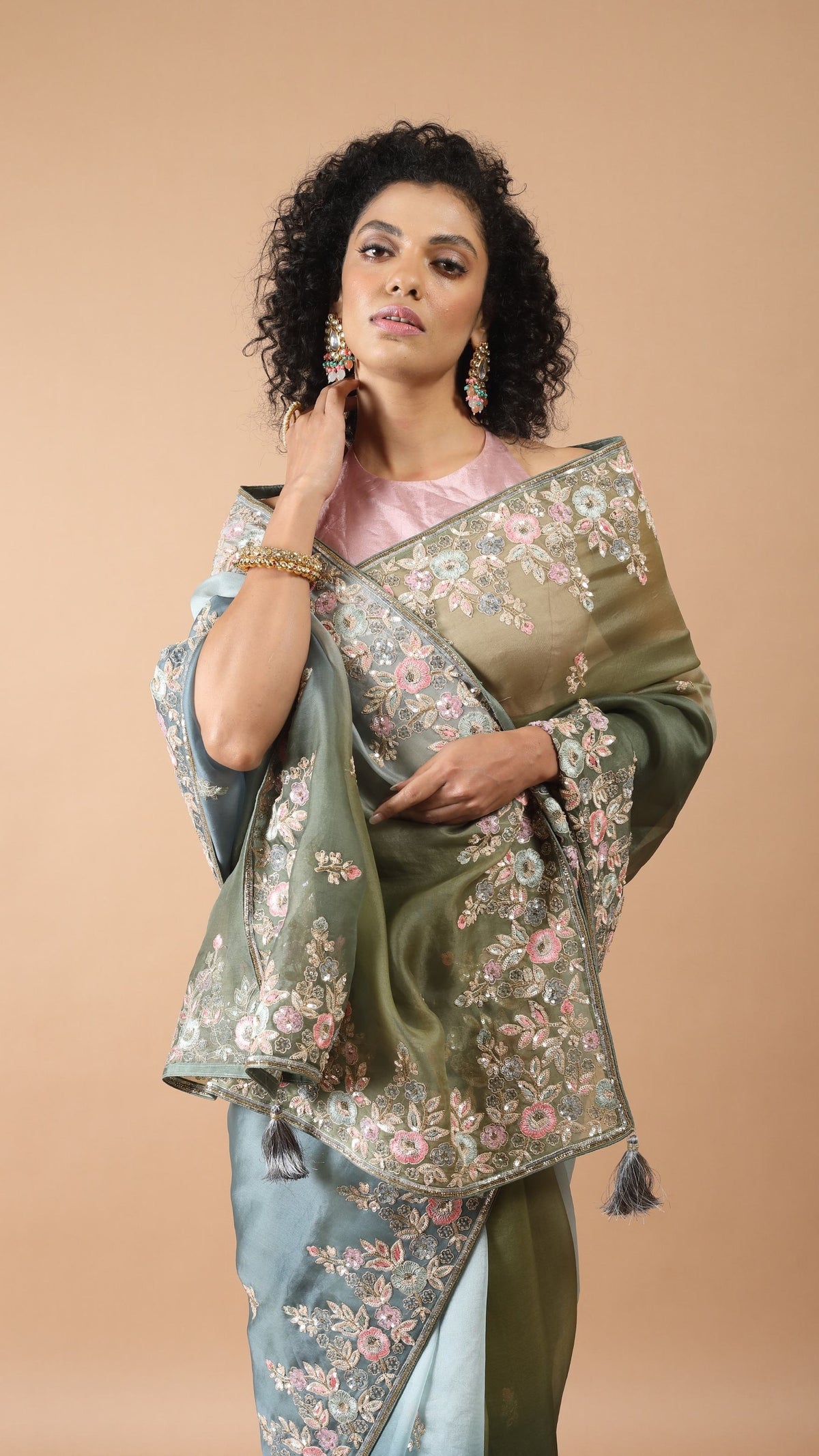 Aisha -Turquoise Tranquility-Green Organza Saree