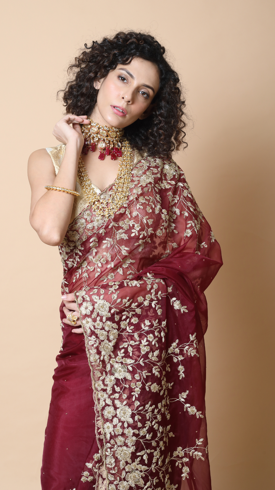 Zoya Organza Jester Red Saree with Moti Detailing